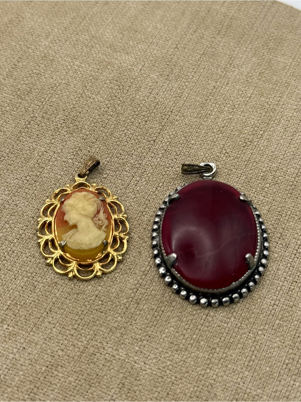 Gold Cameo Pendant and Deep Burgundy Oval Pendant Set